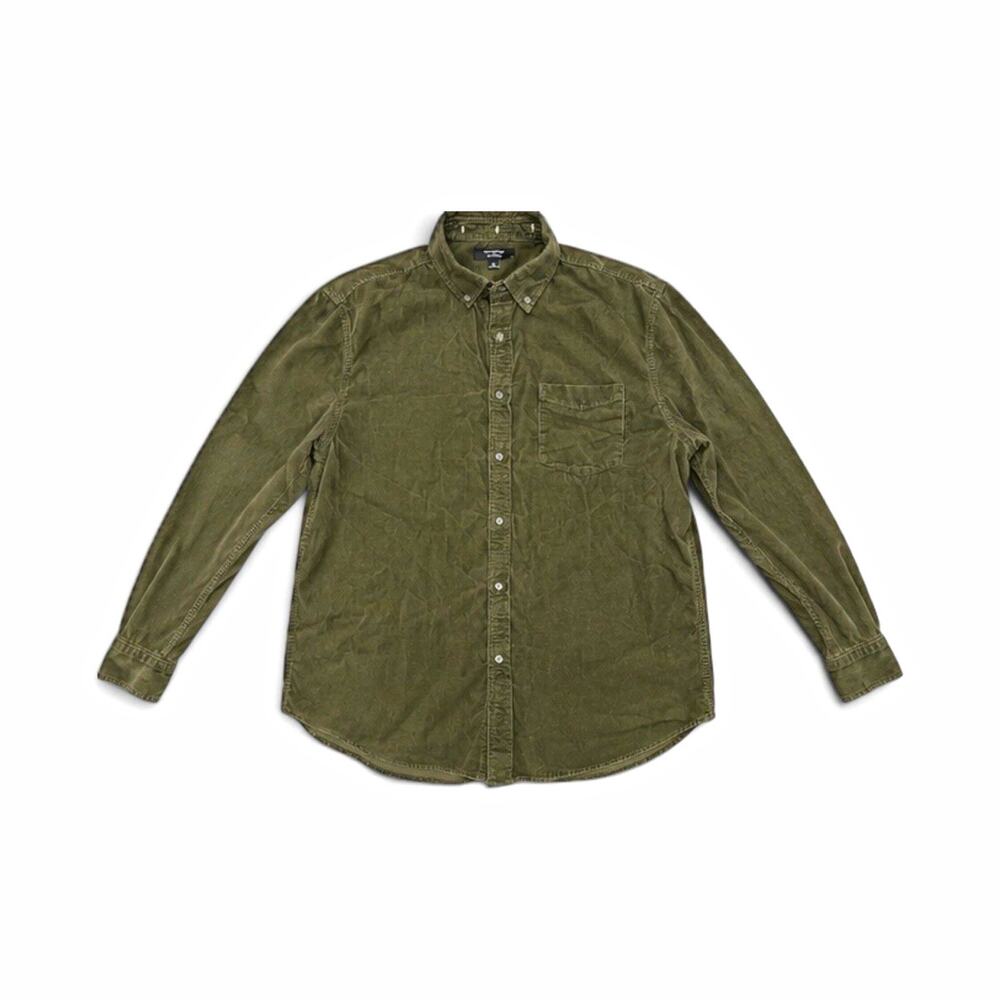Men's L/XL Regular Green Solid Button-Down Collared Button-Up Shirt Pockets